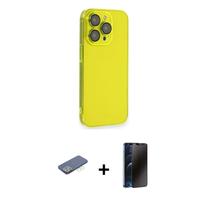 MARSİLYAN™- iPhone 13 Pro Max Kılıf Siluet Minimal Özel Seri - Siyah 3D Antistatik Hayalet Cam Ekran Koruyucu + Renkli Kamera Lens Koruma Cam - YL