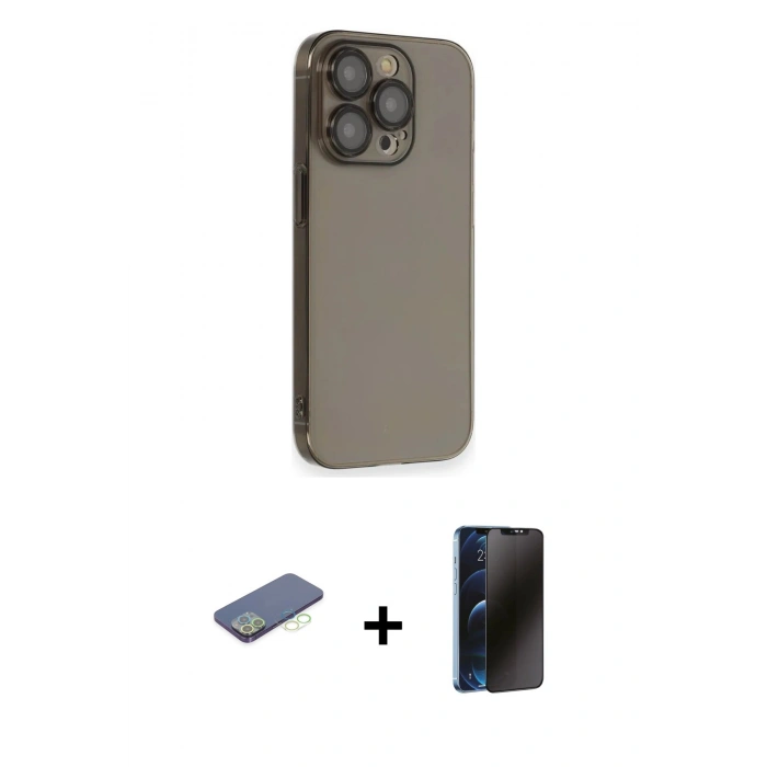 MARSİLYAN™- iPhone 13 Pro Max Kılıf Siluet Minimal Özel Seri - Siyah 3D Antistatik Hayalet Cam Ekran Koruyucu + Renkli Kamera Lens Koruma Cam - YL