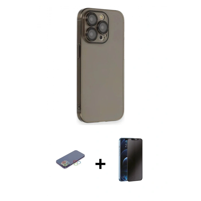 MARSİLYAN™- iPhone 13 Pro Max Kılıf Siluet Minimal Özel Seri - Siyah 3D Antistatik Hayalet Cam Ekran Koruyucu + Renkli Kamera Lens Koruma Cam - MI