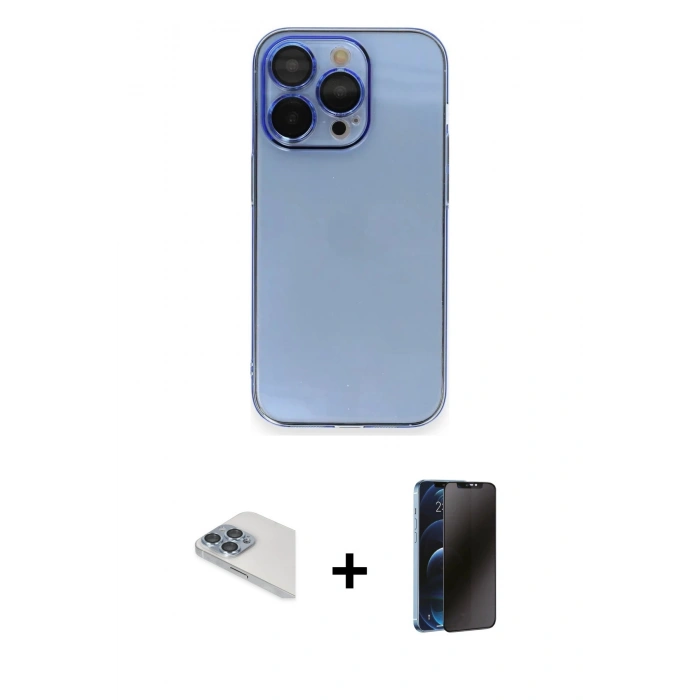 MARSİLYAN™- iPhone 13 Pro Max Kılıf Siluet Minimal Özel Seri - Siyah 3D Antistatik Hayalet Cam Ekran Koruyucu + Pers Alüminyum Kamera Lens - SABE