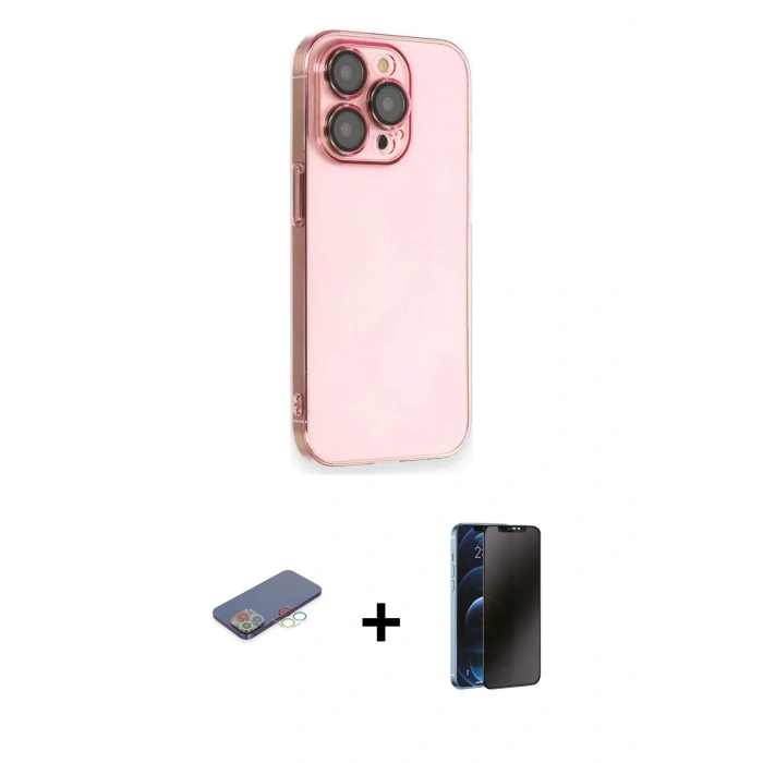 MARSİLYAN™- iPhone 13 Pro Max Kılıf Siluet Minimal Özel Seri - Siyah 3D Antistatik Hayalet Cam Ekran Koruyucu + Renkli Kamera Lens Koruma Cam - MI