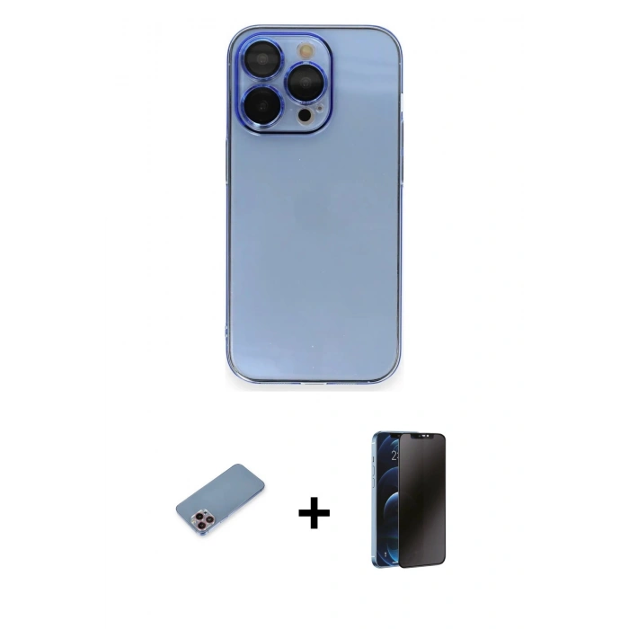 MARSİLYAN™- iPhone 13 Pro Max Kılıf Siluet Minimal Özel Seri - Siyah 3D Antistatik Hayalet Cam Ekran Koruyucu + Shine Kamera Lens Koruma Cam - PE