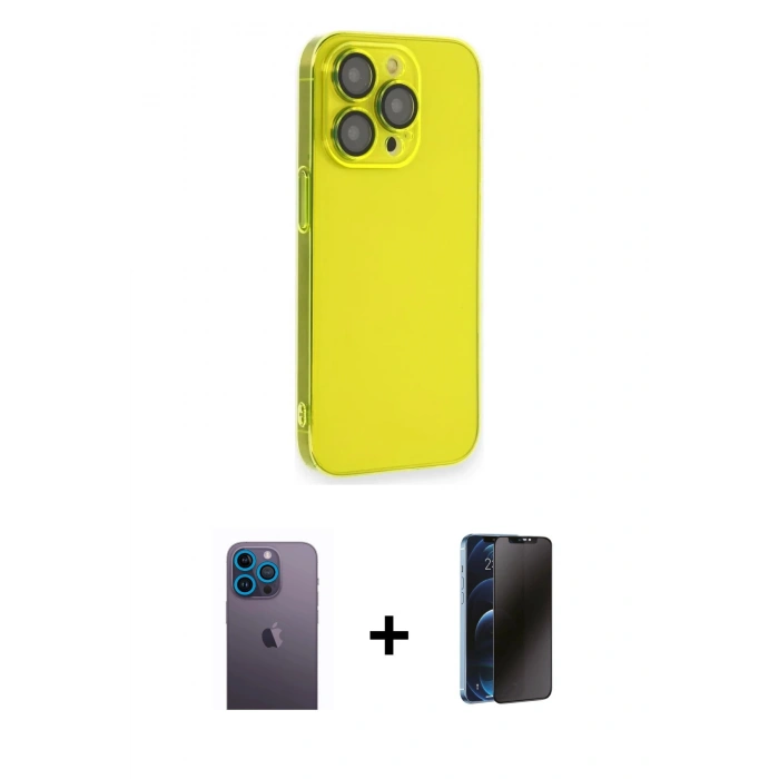 MARSİLYAN™- iPhone 13 Pro Max Kılıf Siluet Minimal Özel Seri - Siyah 3D Antistatik Hayalet Cam Ekran Koruyucu + Neon Fosforlu Kamera Lens - MI