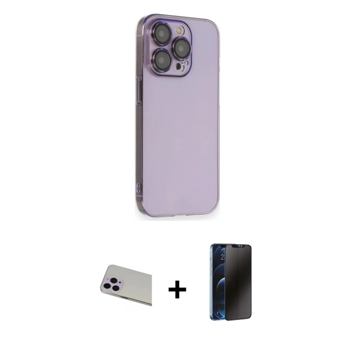 MARSİLYAN™- iPhone 13 Pro Max Kılıf Siluet Minimal Özel Seri - Siyah 3D Antistatik Hayalet Cam Ekran Koruyucu + Rainbow Kamera Lens Koruma Cam - MR