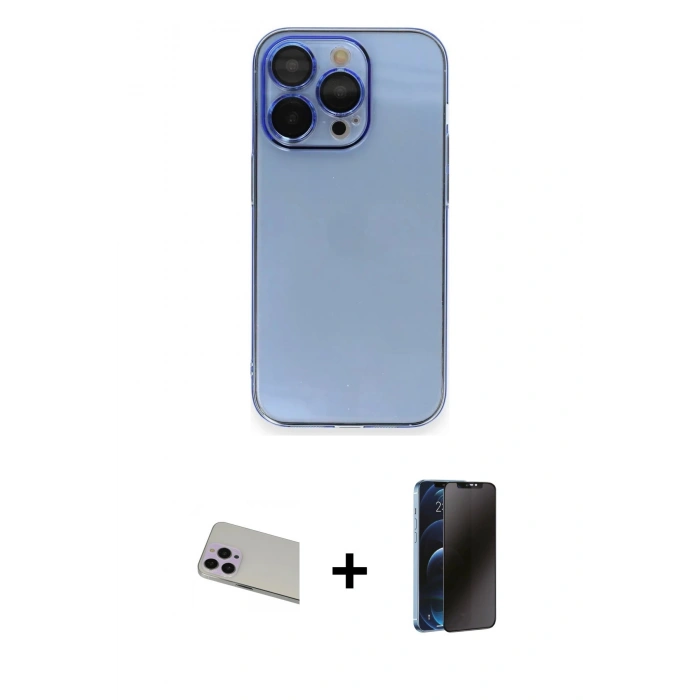 MARSİLYAN™- iPhone 13 Pro Max Kılıf Siluet Minimal Özel Seri - Siyah 3D Antistatik Hayalet Cam Ekran Koruyucu + Rainbow Kamera Lens Koruma Cam - MR