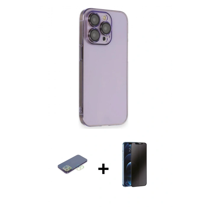 MARSİLYAN™- iPhone 13 Pro Max Kılıf Siluet Minimal Özel Seri - Siyah 3D Antistatik Hayalet Cam Ekran Koruyucu + Renkli Kamera Lens Koruma Cam - YL