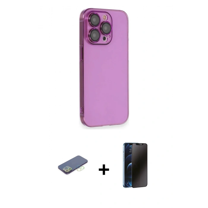MARSİLYAN™- iPhone 13 Pro Max Kılıf Siluet Minimal Özel Seri - Siyah 3D Antistatik Hayalet Cam Ekran Koruyucu + Renkli Kamera Lens Koruma Cam - YL