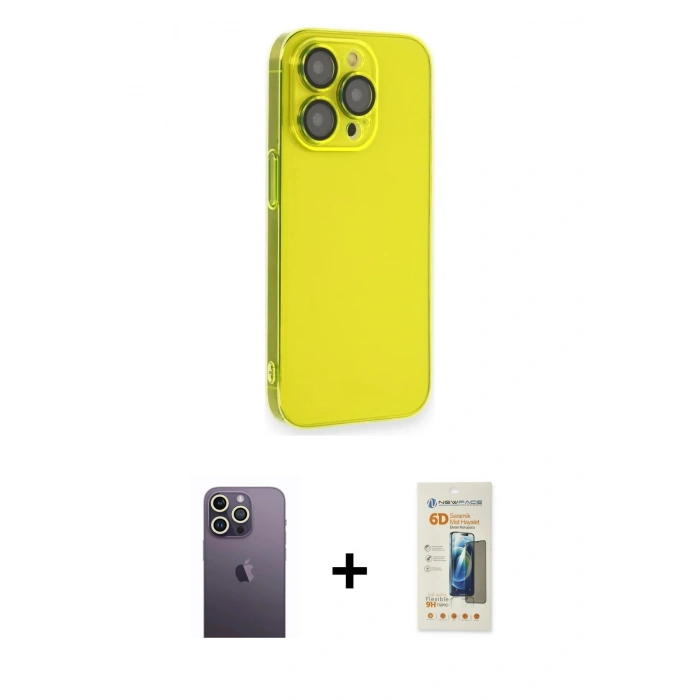 MARSİLYAN™- iPhone 13 Pro Max Kılıf Siluet Minimal Özel Seri - Siyah 6D Mat Seramik Hayalet Nano Ekran Koruyucu + Neon Fosforlu Kamera Lens - BZ