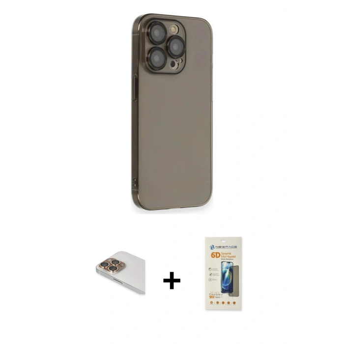 MARSİLYAN™- iPhone 13 Pro Max Kılıf Siluet Minimal Özel Seri - Siyah 6D Mat Seramik Hayalet Nano Ekran Koruyucu + Gold Pers Alüminyum Kamera Lens