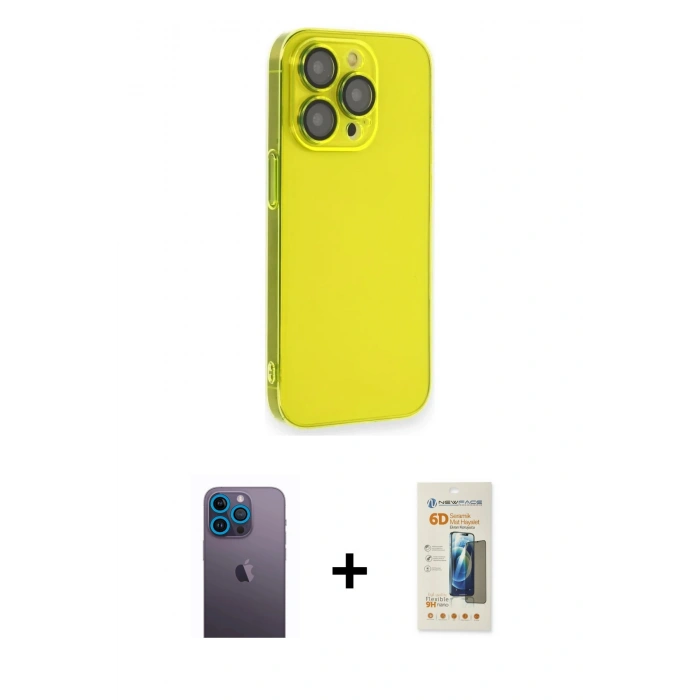 MARSİLYAN™- iPhone 13 Pro Max Kılıf Siluet Minimal Özel Seri - Siyah 6D Mat Seramik Hayalet Nano Ekran Koruyucu + Neon Fosforlu Kamera Lens - MI