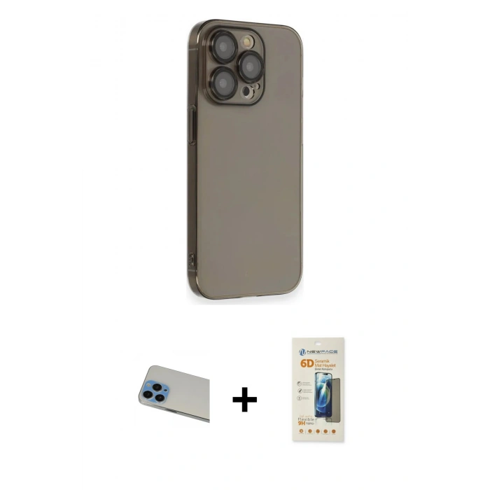 MARSİLYAN™- iPhone 13 Pro Max Kılıf Siluet Minimal Özel Seri - Siyah 6D Mat Seramik Hayalet Nano Ekran Koruyucu + Rainbow Kamera Lens Koruma Cam - MI