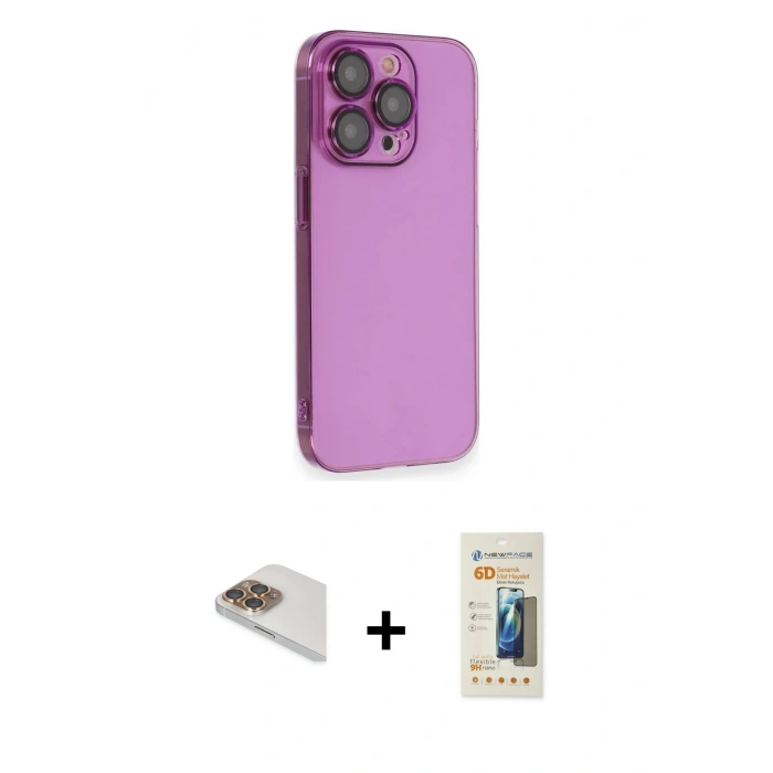 MARSİLYAN™- iPhone 13 Pro Max Kılıf Siluet Minimal Özel Seri - Siyah 6D Mat Seramik Hayalet Nano Ekran Koruyucu + Gold Pers Alüminyum Kamera Lens