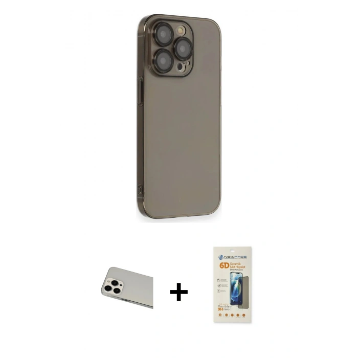 MARSİLYAN™- iPhone 13 Pro Max Kılıf Siluet Minimal Özel Seri - Siyah 6D Mat Seramik Hayalet Nano Ekran Koruyucu + Beyaz Rainbow Kamera Lens Koruma Cam