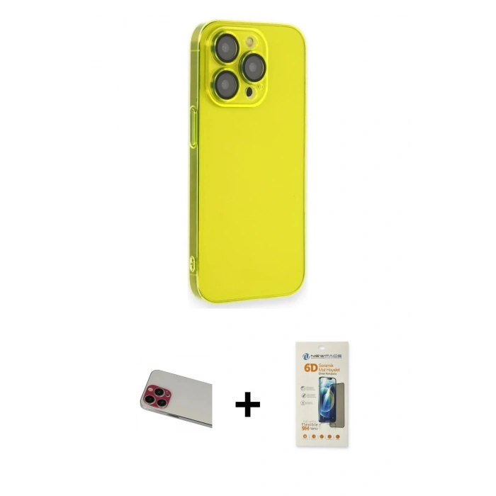 MARSİLYAN™- iPhone 13 Pro Max Kılıf Siluet Minimal Özel Seri - Siyah 6D Mat Seramik Hayalet Nano Ekran Koruyucu + Kırmızı Rainbow Kamera Lens Koruma Cam