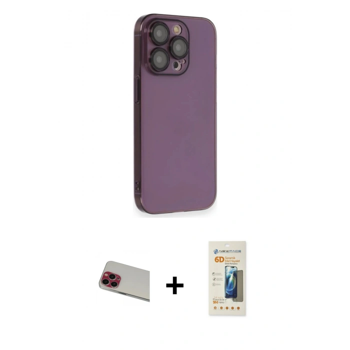 MARSİLYAN™- iPhone 13 Pro Max Kılıf Siluet Minimal Özel Seri - Siyah 6D Mat Seramik Hayalet Nano Ekran Koruyucu + Kırmızı Rainbow Kamera Lens Koruma Cam
