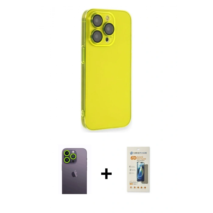 MARSİLYAN™- iPhone 13 Pro Max Kılıf Siluet Minimal Özel Seri - Siyah 6D Mat Seramik Hayalet Nano Ekran Koruyucu + Neon Fosforlu Kamera Lens - YL