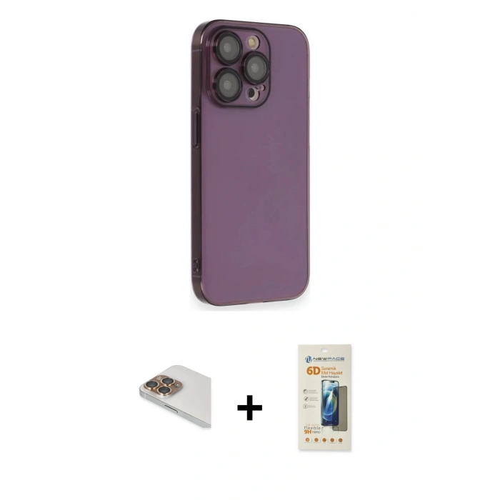 MARSİLYAN™- iPhone 13 Pro Max Kılıf Siluet Minimal Özel Seri - Siyah 6D Mat Seramik Hayalet Nano Ekran Koruyucu + Gold Pers Alüminyum Kamera Lens