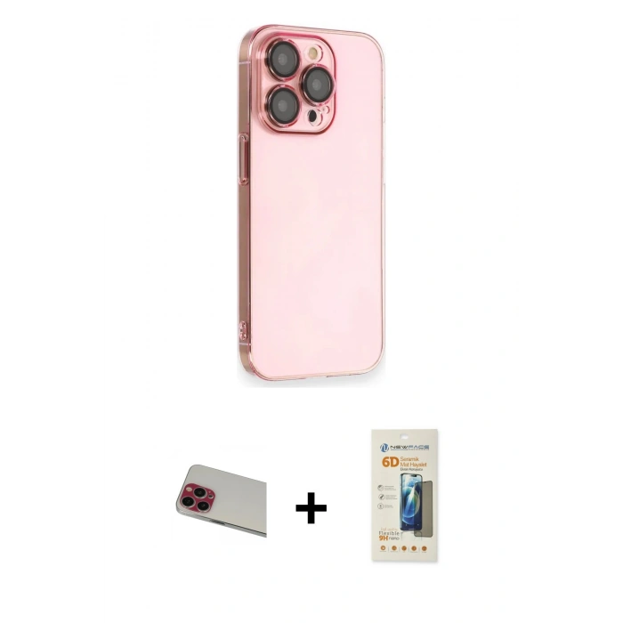 MARSİLYAN™- iPhone 13 Pro Max Kılıf Siluet Minimal Özel Seri - Siyah 6D Mat Seramik Hayalet Nano Ekran Koruyucu + Kırmızı Rainbow Kamera Lens Koruma Cam