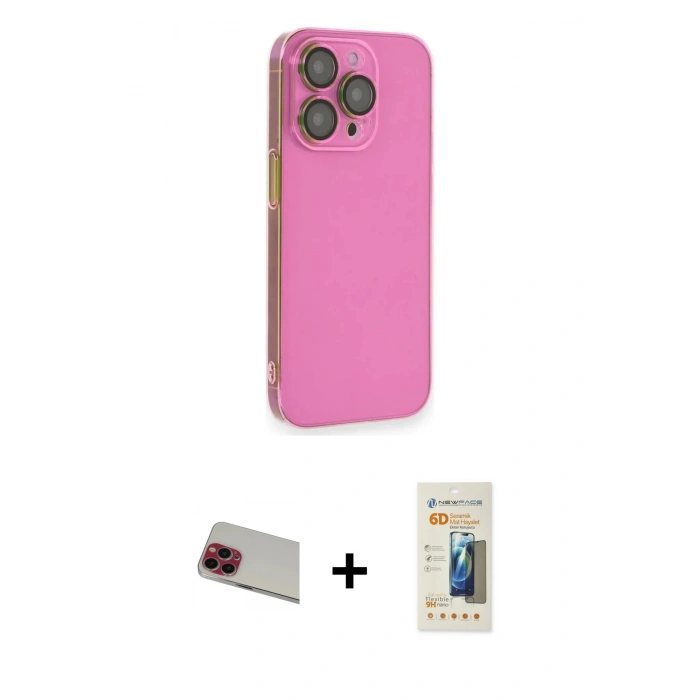 MARSİLYAN™- iPhone 13 Pro Max Kılıf Siluet Minimal Özel Seri - Siyah 6D Mat Seramik Hayalet Nano Ekran Koruyucu + Kırmızı Rainbow Kamera Lens Koruma Cam