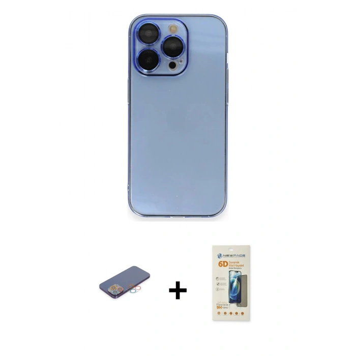 MARSİLYAN™- iPhone 13 Pro Max Kılıf Siluet Minimal Özel Seri - Siyah 6D Mat Seramik Hayalet Nano Ekran Koruyucu + Pembe Renkli Kamera Lens Koruma Cam