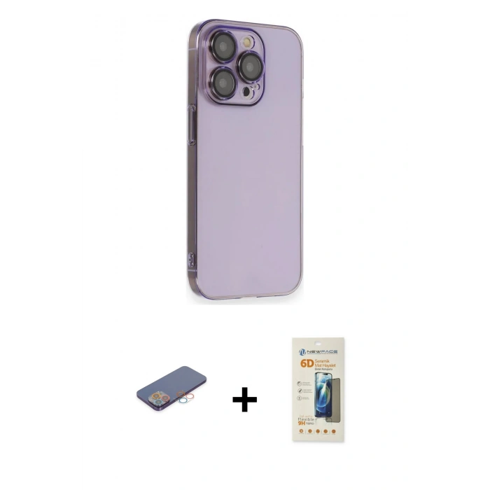 MARSİLYAN™- iPhone 13 Pro Max Kılıf Siluet Minimal Özel Seri - Siyah 6D Mat Seramik Hayalet Nano Ekran Koruyucu + Pembe Renkli Kamera Lens Koruma Cam