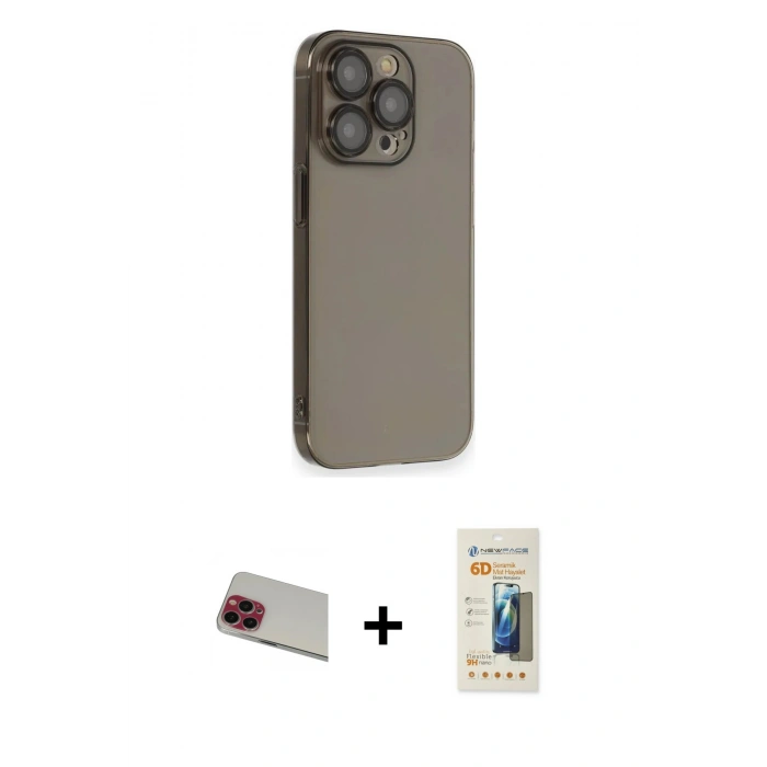 MARSİLYAN™- iPhone 13 Pro Max Kılıf Siluet Minimal Özel Seri - Siyah 6D Mat Seramik Hayalet Nano Ekran Koruyucu + Kırmızı Rainbow Kamera Lens Koruma Cam