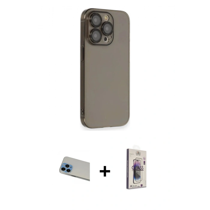 MARSİLYAN™- iPhone 13 Pro Max Kılıf Siluet Minimal Özel Seri - Siyah Bilvis 3D Cam Ekran Koruyucu + Rainbow Kamera Lens Koruma Cam - MI