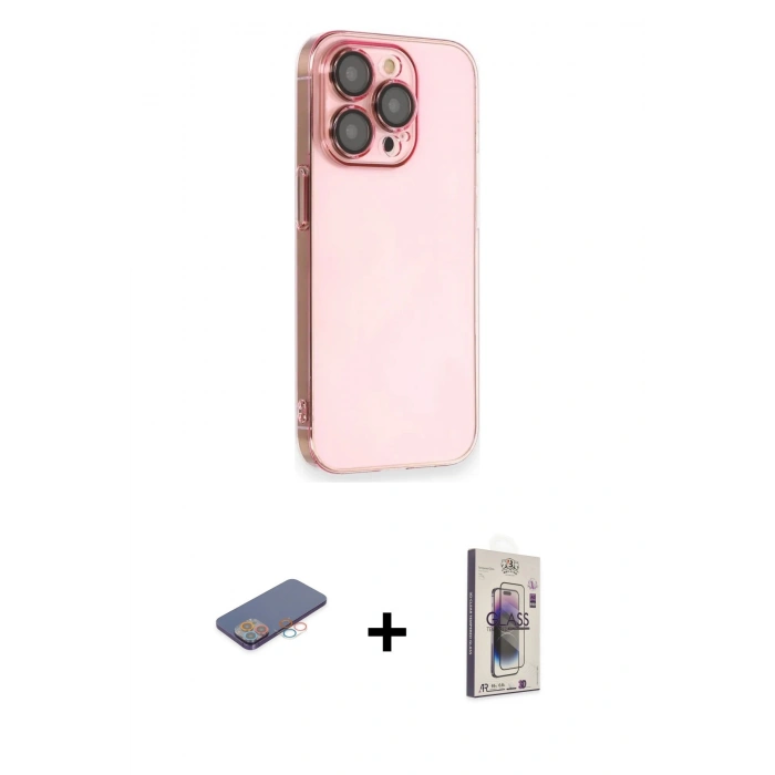 MARSİLYAN™- iPhone 13 Pro Max Kılıf Siluet Minimal Özel Seri - Siyah Bilvis 3D Cam Ekran Koruyucu + Renkli Kamera Lens Koruma Cam - PE