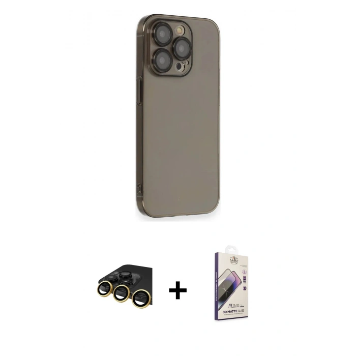 MARSİLYAN™- iPhone 13 Pro Max Kılıf Siluet Minimal Özel Seri - Siyah Bilvis 3D Mat Cam Ekran Koruyucu + Raze Metal Kamera Lens - GD