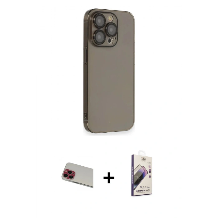 MARSİLYAN™- iPhone 13 Pro Max Kılıf Siluet Minimal Özel Seri - Siyah Bilvis 3D Mat Cam Ekran Koruyucu + Rainbow Kamera Lens Koruma Cam - KI