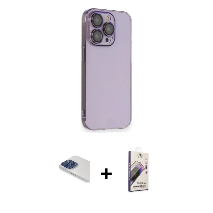 MARSİLYAN™- iPhone 13 Pro Max Kılıf Siluet Minimal Özel Seri - Siyah Bilvis 3D Mat Cam Ekran Koruyucu + Lacivert Pers Alüminyum Kamera Lens