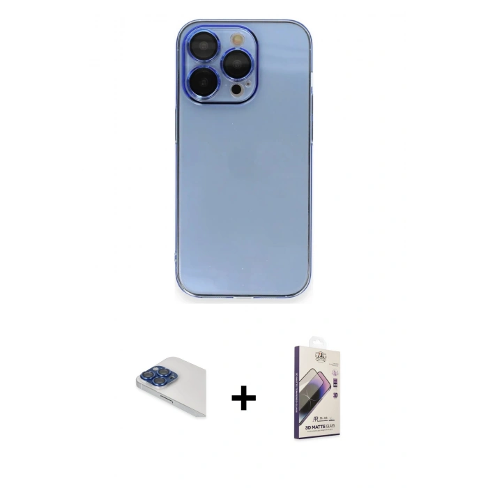MARSİLYAN™- iPhone 13 Pro Max Kılıf Siluet Minimal Özel Seri - Siyah Bilvis 3D Mat Cam Ekran Koruyucu + Lacivert Pers Alüminyum Kamera Lens