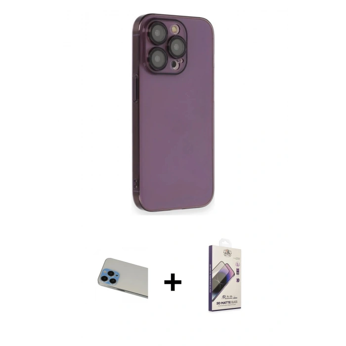 MARSİLYAN™- iPhone 13 Pro Max Kılıf Siluet Minimal Özel Seri - Siyah Bilvis 3D Mat Cam Ekran Koruyucu + Mavi Rainbow Kamera Lens Koruma Cam