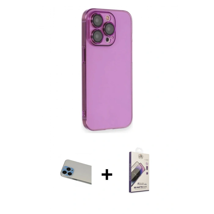 MARSİLYAN™- iPhone 13 Pro Max Kılıf Siluet Minimal Özel Seri - Siyah Bilvis 3D Mat Cam Ekran Koruyucu + Mavi Rainbow Kamera Lens Koruma Cam