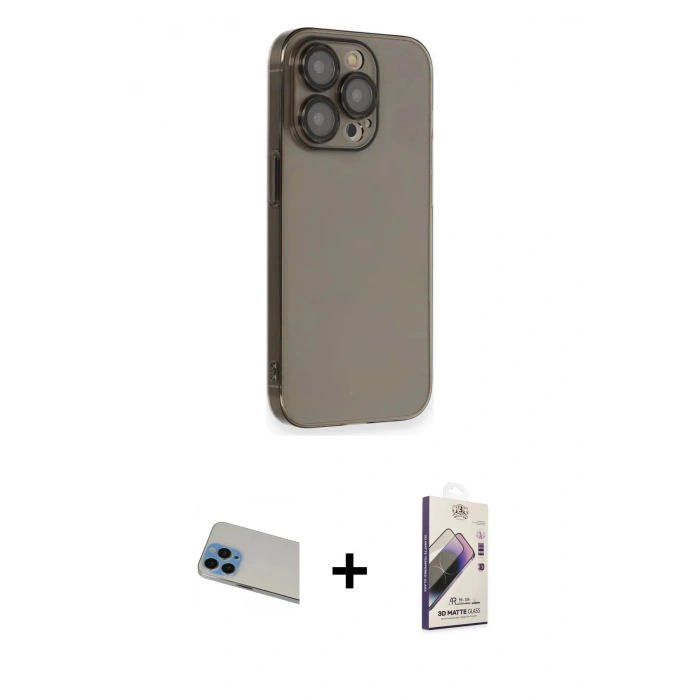 MARSİLYAN™- iPhone 13 Pro Max Kılıf Siluet Minimal Özel Seri - Siyah Bilvis 3D Mat Cam Ekran Koruyucu + Mavi Rainbow Kamera Lens Koruma Cam