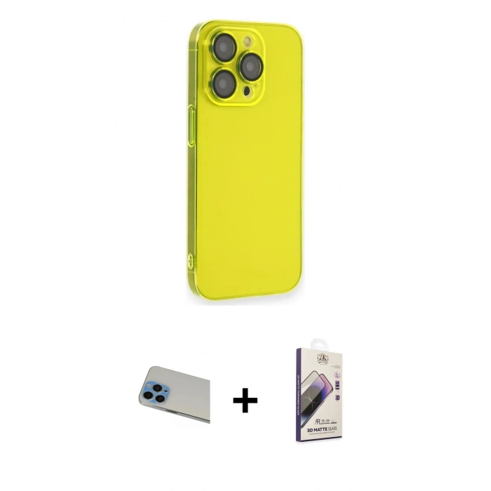 MARSİLYAN™- iPhone 13 Pro Max Kılıf Siluet Minimal Özel Seri - Siyah Bilvis 3D Mat Cam Ekran Koruyucu + Mavi Rainbow Kamera Lens Koruma Cam