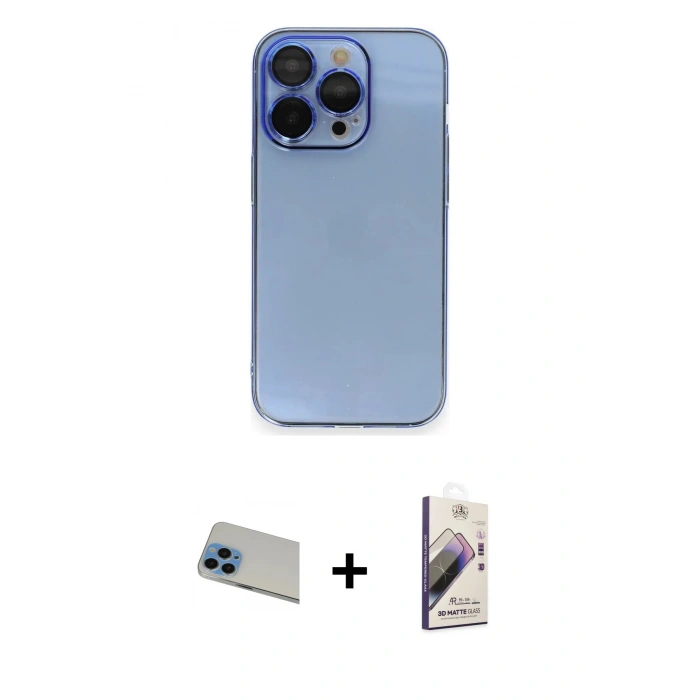 MARSİLYAN™- iPhone 13 Pro Max Kılıf Siluet Minimal Özel Seri - Siyah Bilvis 3D Mat Cam Ekran Koruyucu + Mavi Rainbow Kamera Lens Koruma Cam