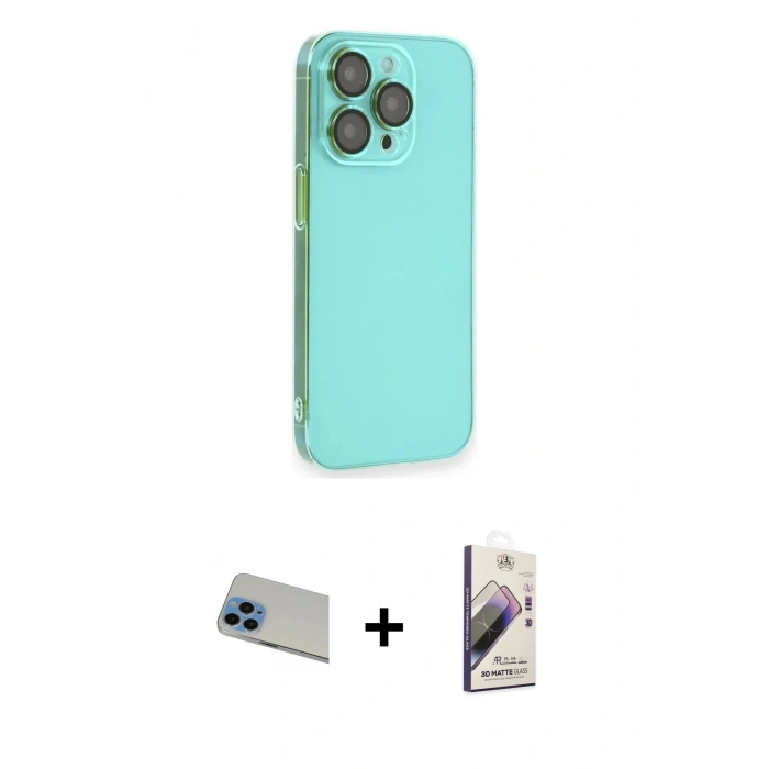 MARSİLYAN™- iPhone 13 Pro Max Kılıf Siluet Minimal Özel Seri - Siyah Bilvis 3D Mat Cam Ekran Koruyucu + Mavi Rainbow Kamera Lens Koruma Cam