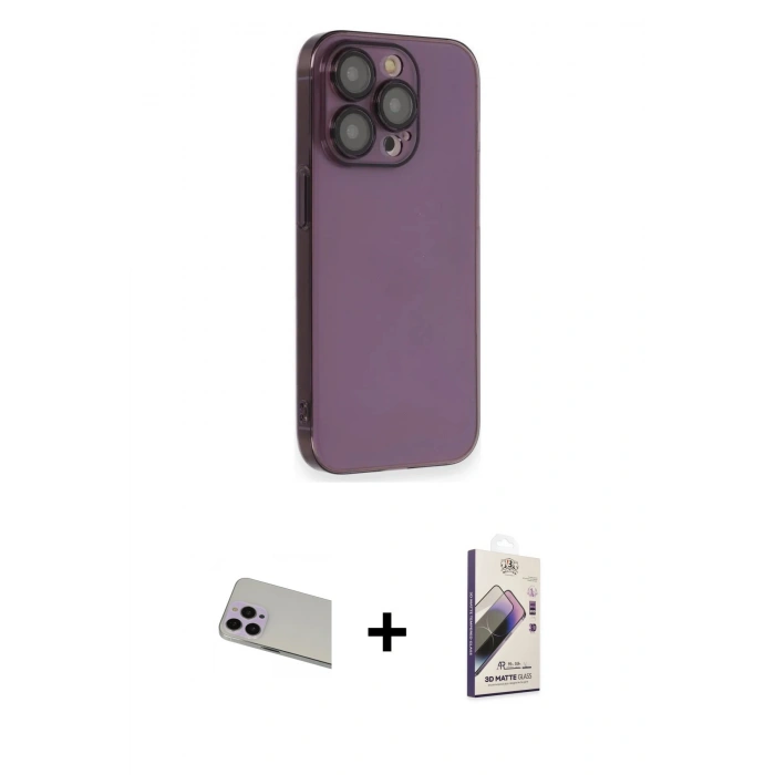 MARSİLYAN™- iPhone 13 Pro Max Kılıf Siluet Minimal Özel Seri - Siyah Bilvis 3D Mat Cam Ekran Koruyucu + Mor Rainbow Kamera Lens Koruma Cam
