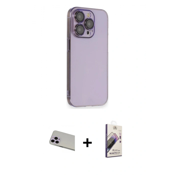 MARSİLYAN™- iPhone 13 Pro Max Kılıf Siluet Minimal Özel Seri - Siyah Bilvis 3D Mat Cam Ekran Koruyucu + Mor Rainbow Kamera Lens Koruma Cam