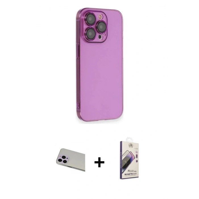 MARSİLYAN™- iPhone 13 Pro Max Kılıf Siluet Minimal Özel Seri - Siyah Bilvis 3D Mat Cam Ekran Koruyucu + Mor Rainbow Kamera Lens Koruma Cam