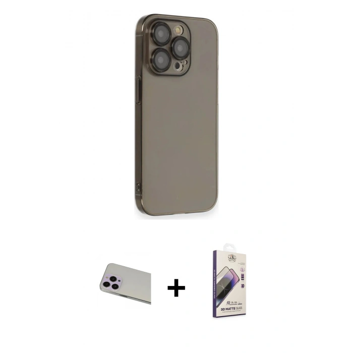 MARSİLYAN™- iPhone 13 Pro Max Kılıf Siluet Minimal Özel Seri - Siyah Bilvis 3D Mat Cam Ekran Koruyucu + Mor Rainbow Kamera Lens Koruma Cam