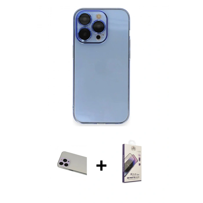 MARSİLYAN™- iPhone 13 Pro Max Kılıf Siluet Minimal Özel Seri - Siyah Bilvis 3D Mat Cam Ekran Koruyucu + Mor Rainbow Kamera Lens Koruma Cam