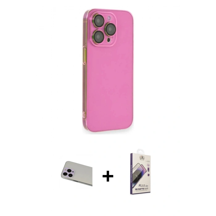 MARSİLYAN™- iPhone 13 Pro Max Kılıf Siluet Minimal Özel Seri - Siyah Bilvis 3D Mat Cam Ekran Koruyucu + Mor Rainbow Kamera Lens Koruma Cam