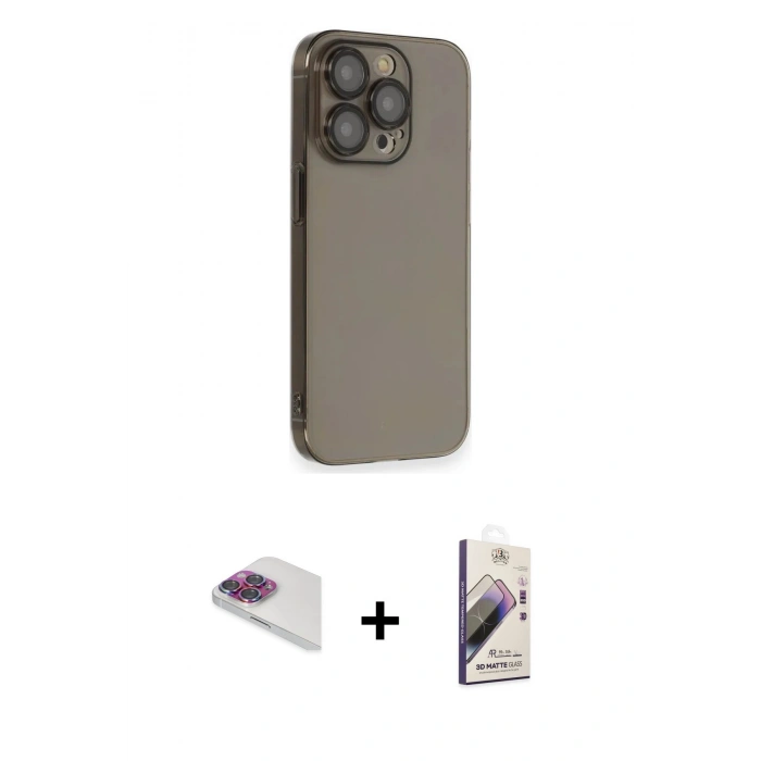 MARSİLYAN™- iPhone 13 Pro Max Kılıf Siluet Minimal Özel Seri - Siyah Bilvis 3D Mat Cam Ekran Koruyucu + Pers Alüminyum Kamera Lens - GI