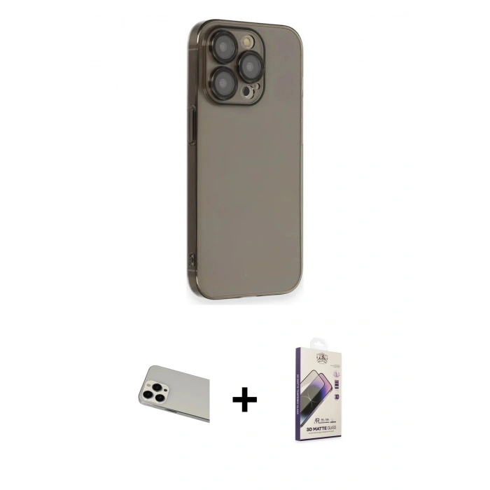 MARSİLYAN™- iPhone 13 Pro Max Kılıf Siluet Minimal Özel Seri - Siyah Bilvis 3D Mat Cam Ekran Koruyucu + Rainbow Kamera Lens Koruma Cam - BZ