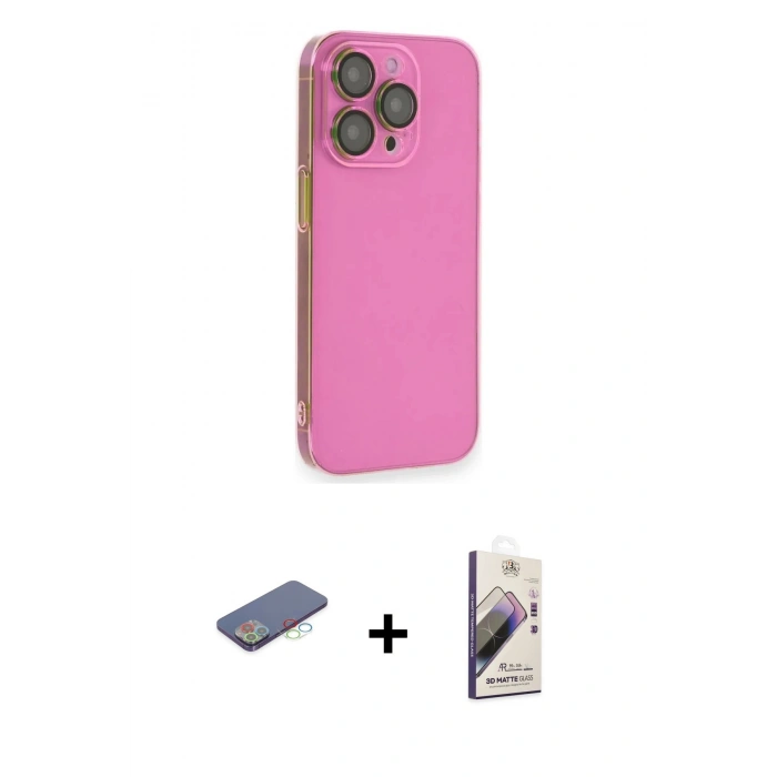 MARSİLYAN™- iPhone 13 Pro Max Kılıf Siluet Minimal Özel Seri - Siyah Bilvis 3D Mat Cam Ekran Koruyucu + Renkli Kamera Lens Koruma Cam - MI