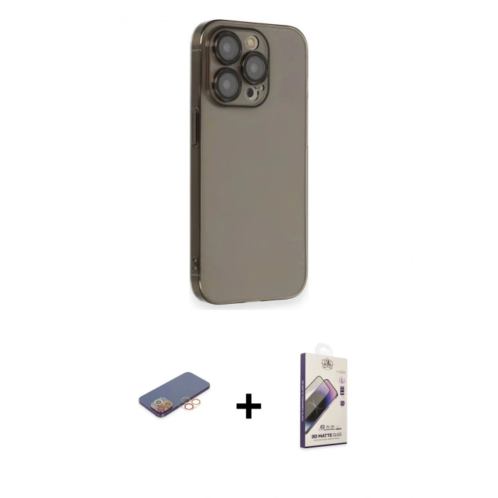 MARSİLYAN™- iPhone 13 Pro Max Kılıf Siluet Minimal Özel Seri - Siyah Bilvis 3D Mat Cam Ekran Koruyucu + Turuncu Renkli Kamera Lens Koruma Cam