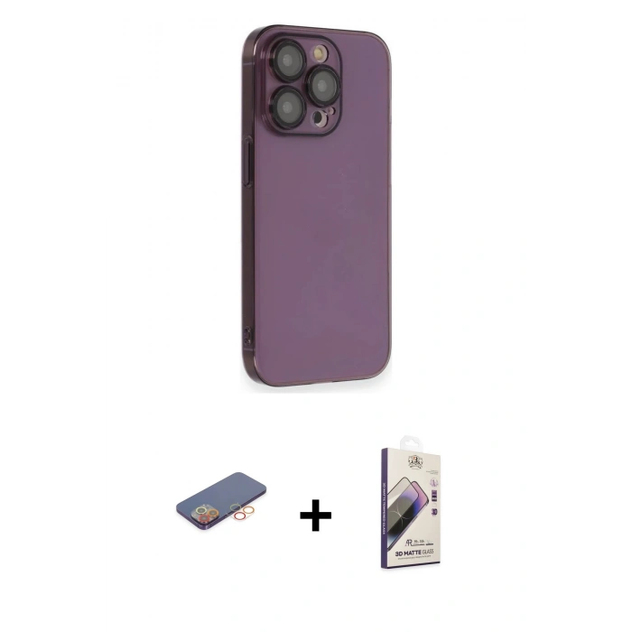 MARSİLYAN™- iPhone 13 Pro Max Kılıf Siluet Minimal Özel Seri - Siyah Bilvis 3D Mat Cam Ekran Koruyucu + Turuncu Renkli Kamera Lens Koruma Cam