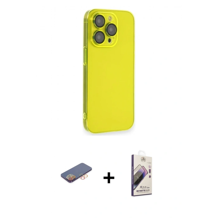 MARSİLYAN™- iPhone 13 Pro Max Kılıf Siluet Minimal Özel Seri - Siyah Bilvis 3D Mat Cam Ekran Koruyucu + Turuncu Renkli Kamera Lens Koruma Cam